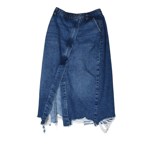 ZARA Deconstructed Denim Skirt S Raw Hem Y2K Grunge Asymmetrical - Picture 1 of 7